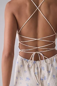 Kiss The Sky Blue Floral Lace-Up Open Back Mini Dress