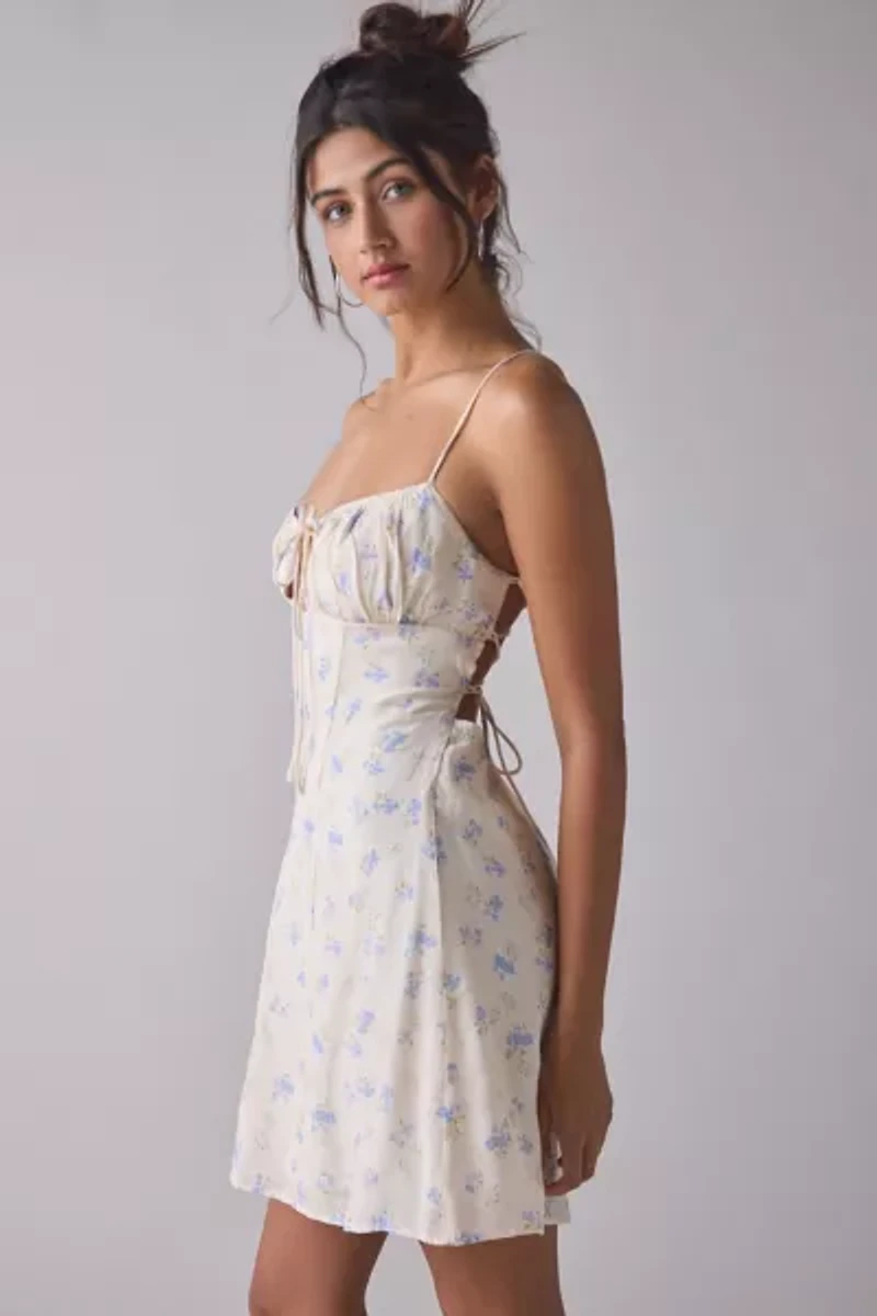 Kiss The Sky Blue Floral Lace-Up Open Back Mini Dress