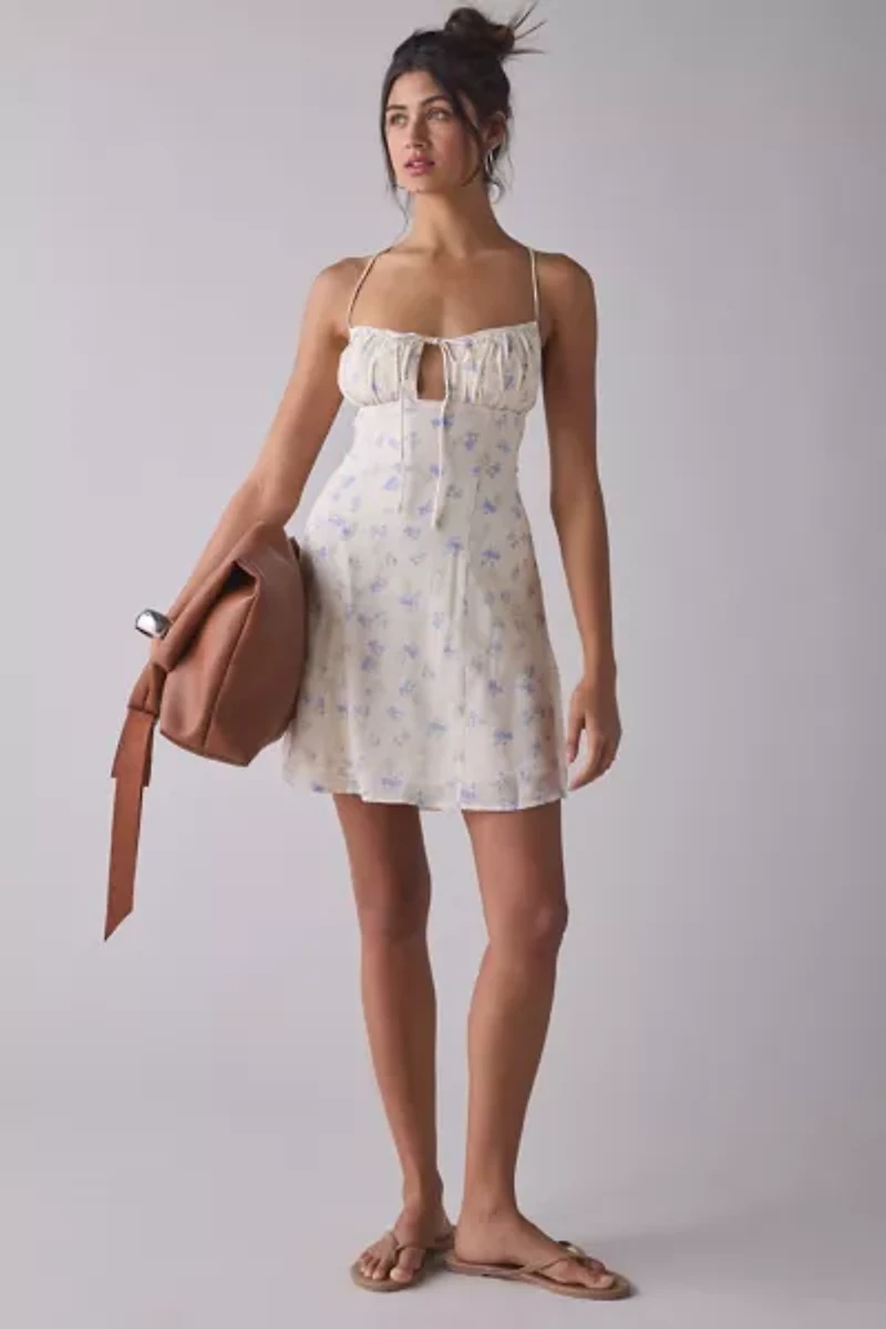 Kiss The Sky Blue Floral Lace-Up Open Back Mini Dress
