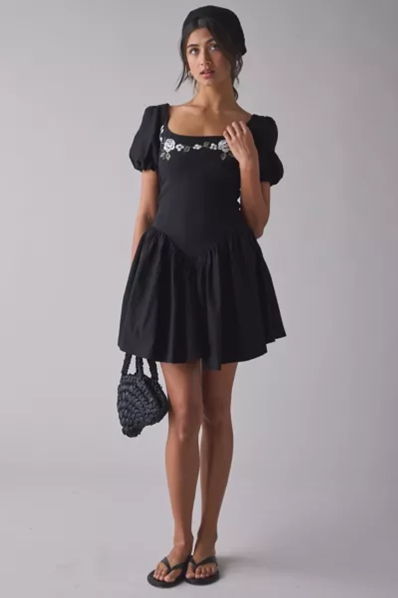 Kiss The Sky Floral Embroidered Puff Sleeve Open Bow-Back Mini Dress