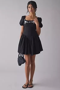Kiss The Sky Floral Embroidered Puff Sleeve Open Bow-Back Mini Dress