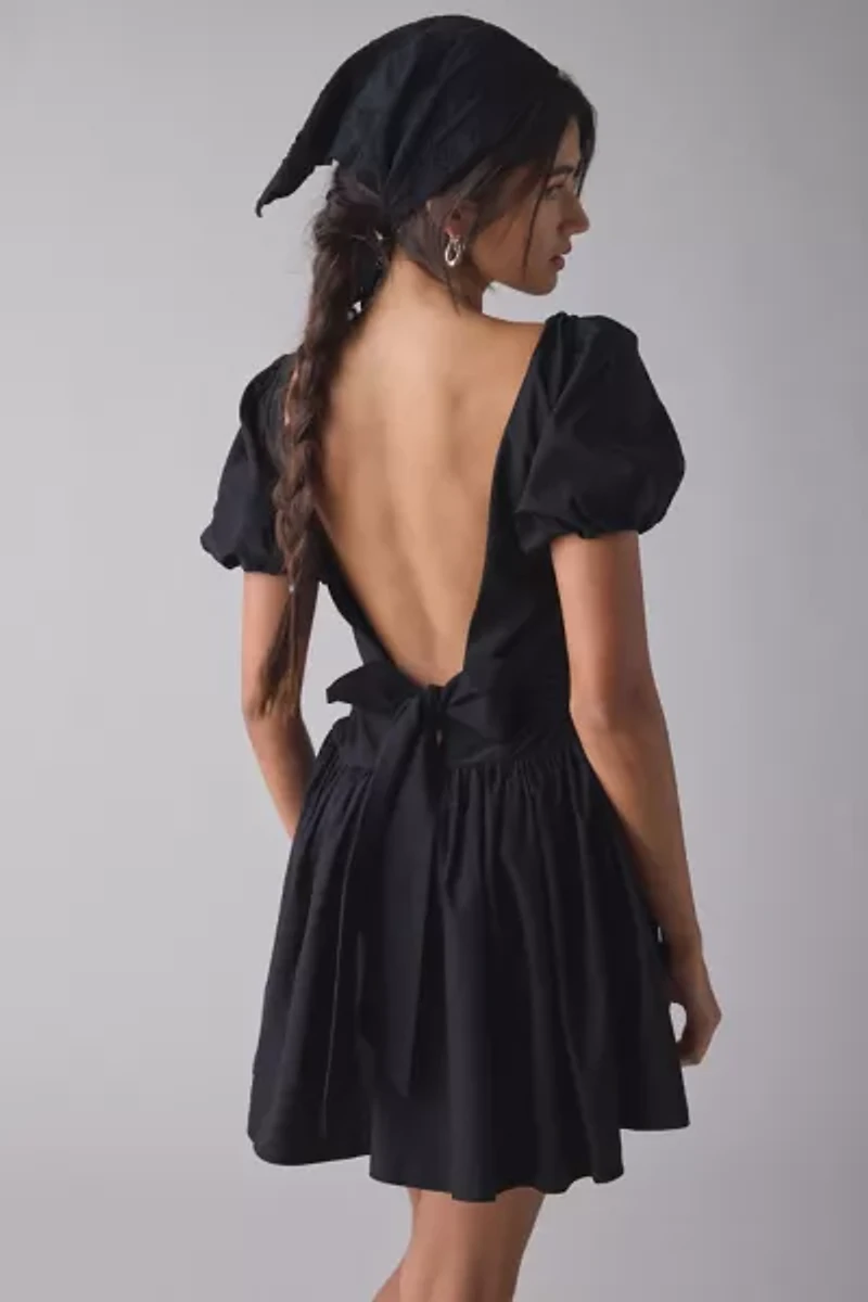 Kiss The Sky Floral Embroidered Puff Sleeve Open Bow-Back Mini Dress