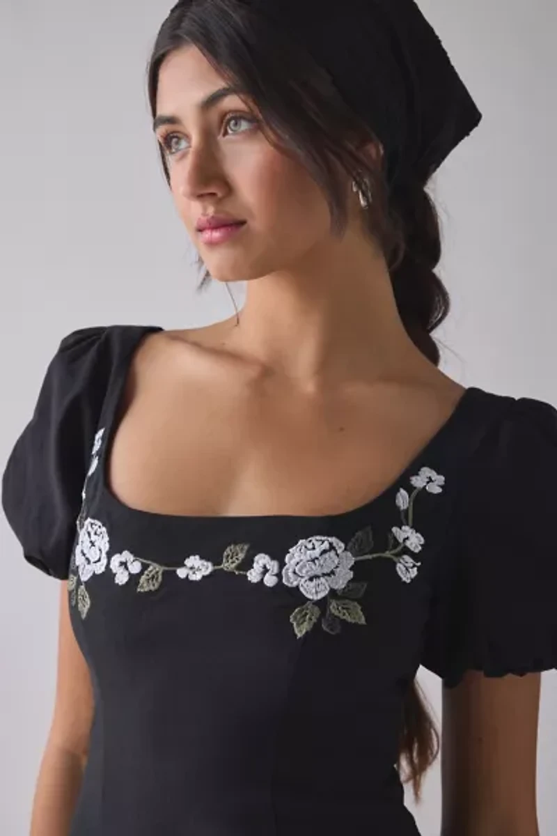 Kiss The Sky Floral Embroidered Puff Sleeve Open Bow-Back Mini Dress
