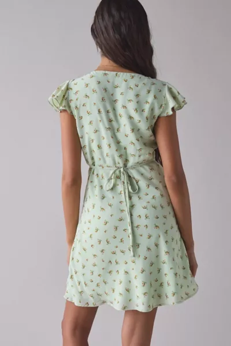 Kiss The Sky Green Floral Satin V-Neck Lace Trim Mini Dress