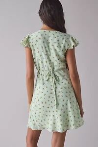 Kiss The Sky Green Floral Satin V-Neck Lace Trim Mini Dress