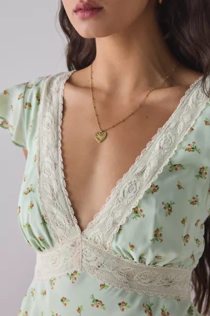 Kiss The Sky Green Floral Satin V-Neck Lace Trim Mini Dress
