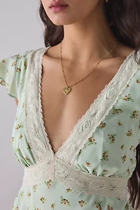 Kiss The Sky Green Floral Satin V-Neck Lace Trim Mini Dress