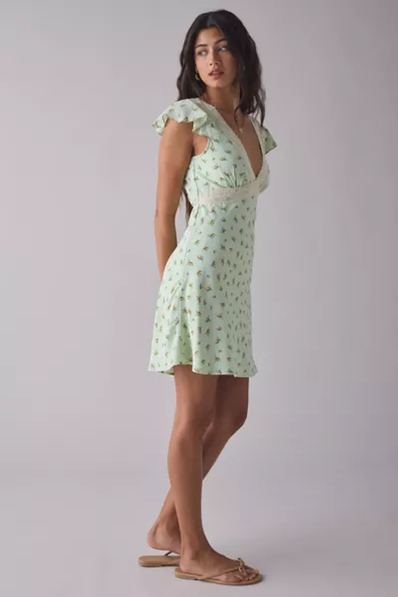 Kiss The Sky Green Floral Satin V-Neck Lace Trim Mini Dress