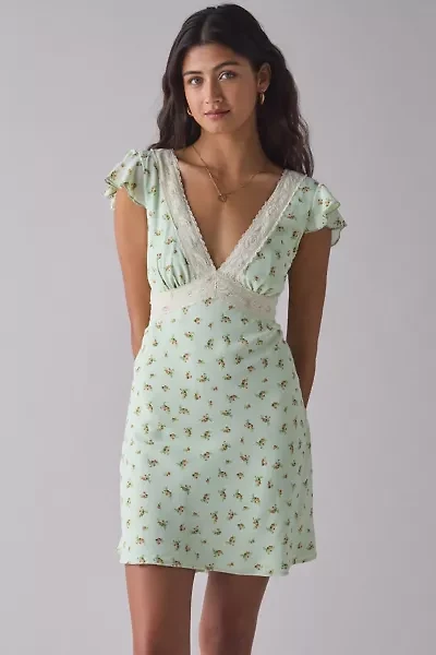 Kiss The Sky Green Floral Satin V-Neck Lace Trim Mini Dress