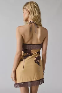 Motel Clooney Asymmetrical Fringe High-Neck Halter Mini Dress