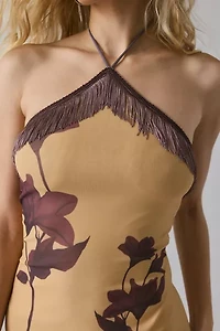 Motel Clooney Asymmetrical Fringe High-Neck Halter Mini Dress