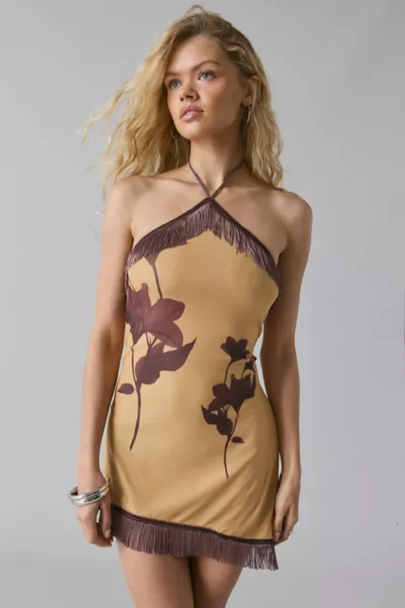 Motel Clooney Asymmetrical Fringe High-Neck Halter Mini Dress