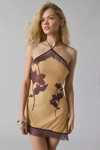 Motel Clooney Asymmetrical Fringe High-Neck Halter Mini Dress