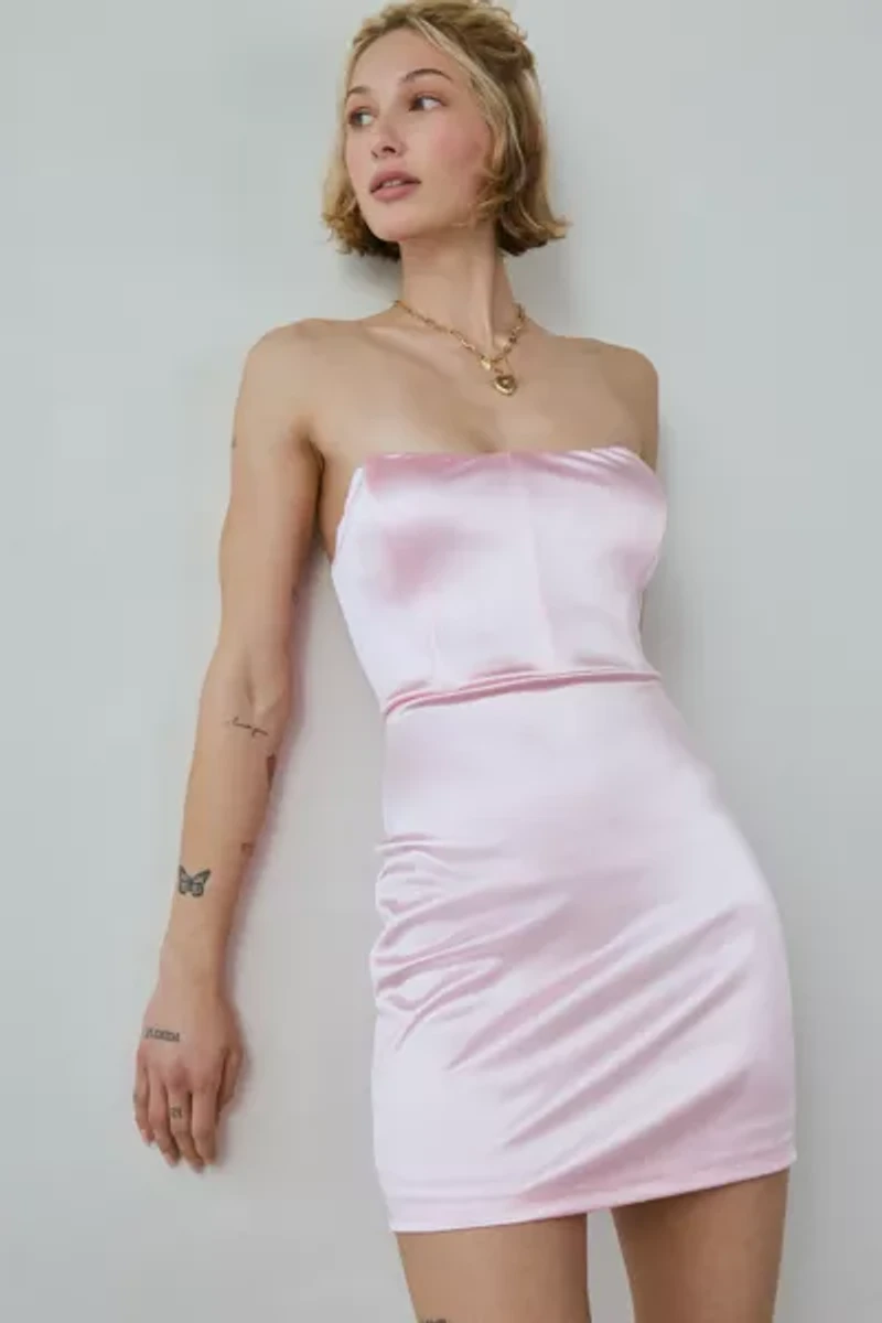 UO Vivien Corseted Strapless Satin Mini Dress