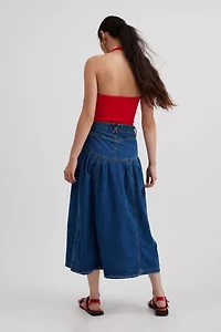 Clara Drop Waist Denim Midi Skirt