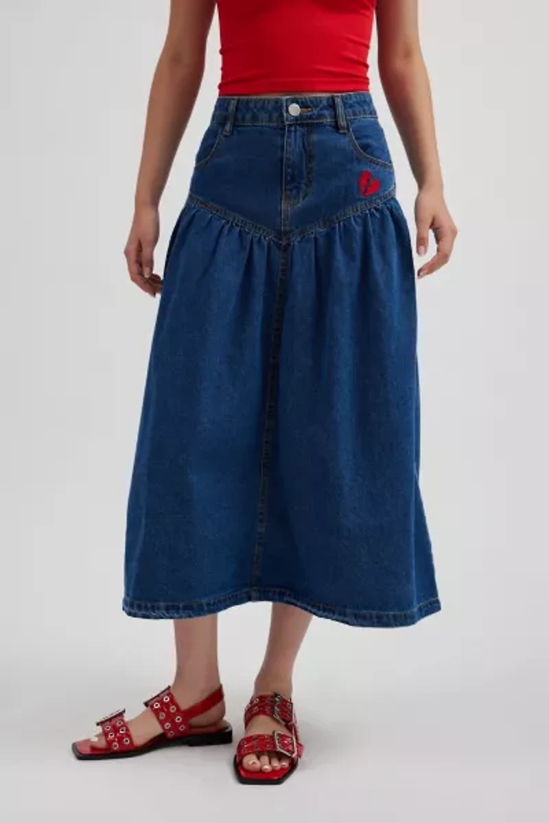 Clara Drop Waist Denim Midi Skirt
