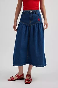 Clara Drop Waist Denim Midi Skirt