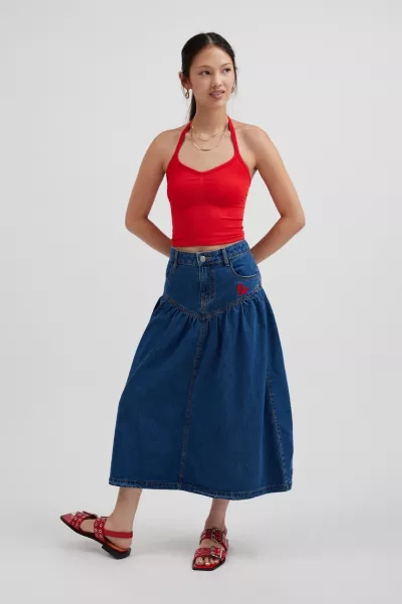 Clara Drop Waist Denim Midi Skirt