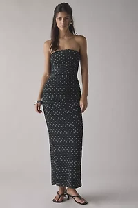 AFRM Marlo Green Dot Printed Mesh Strapless Mesh Midi Dress