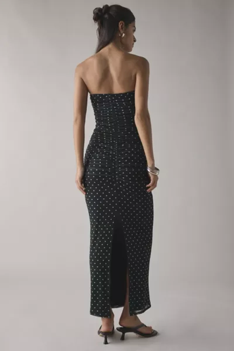 AFRM Marlo Green Dot Printed Mesh Strapless Mesh Midi Dress