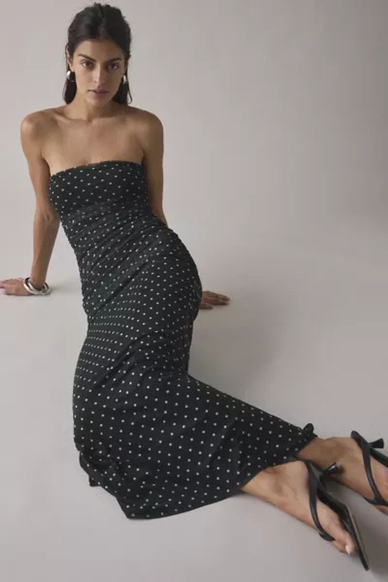 AFRM Marlo Green Dot Printed Mesh Strapless Mesh Midi Dress