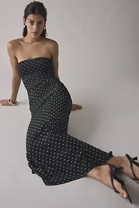 AFRM Marlo Green Dot Printed Mesh Strapless Mesh Midi Dress