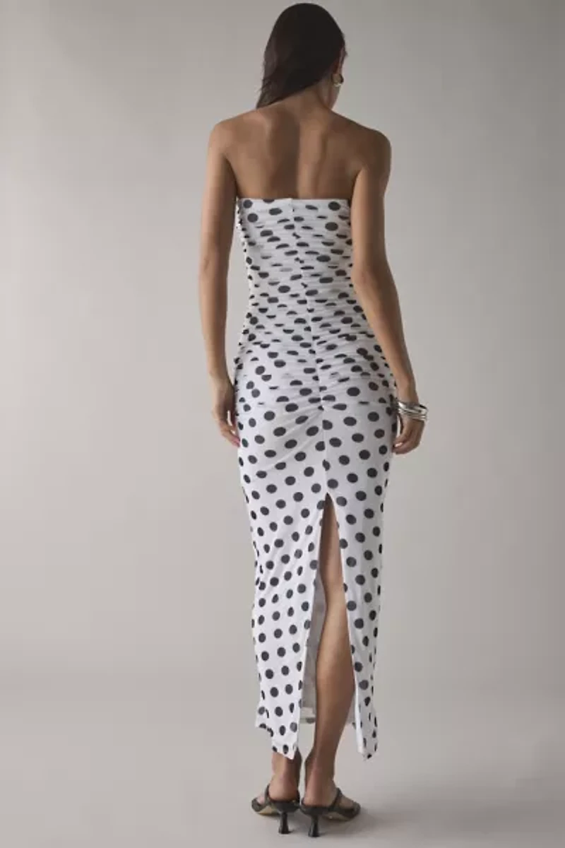 AFRM Marlo Birch Dot Printed Mesh Strapless Mesh Midi Dress