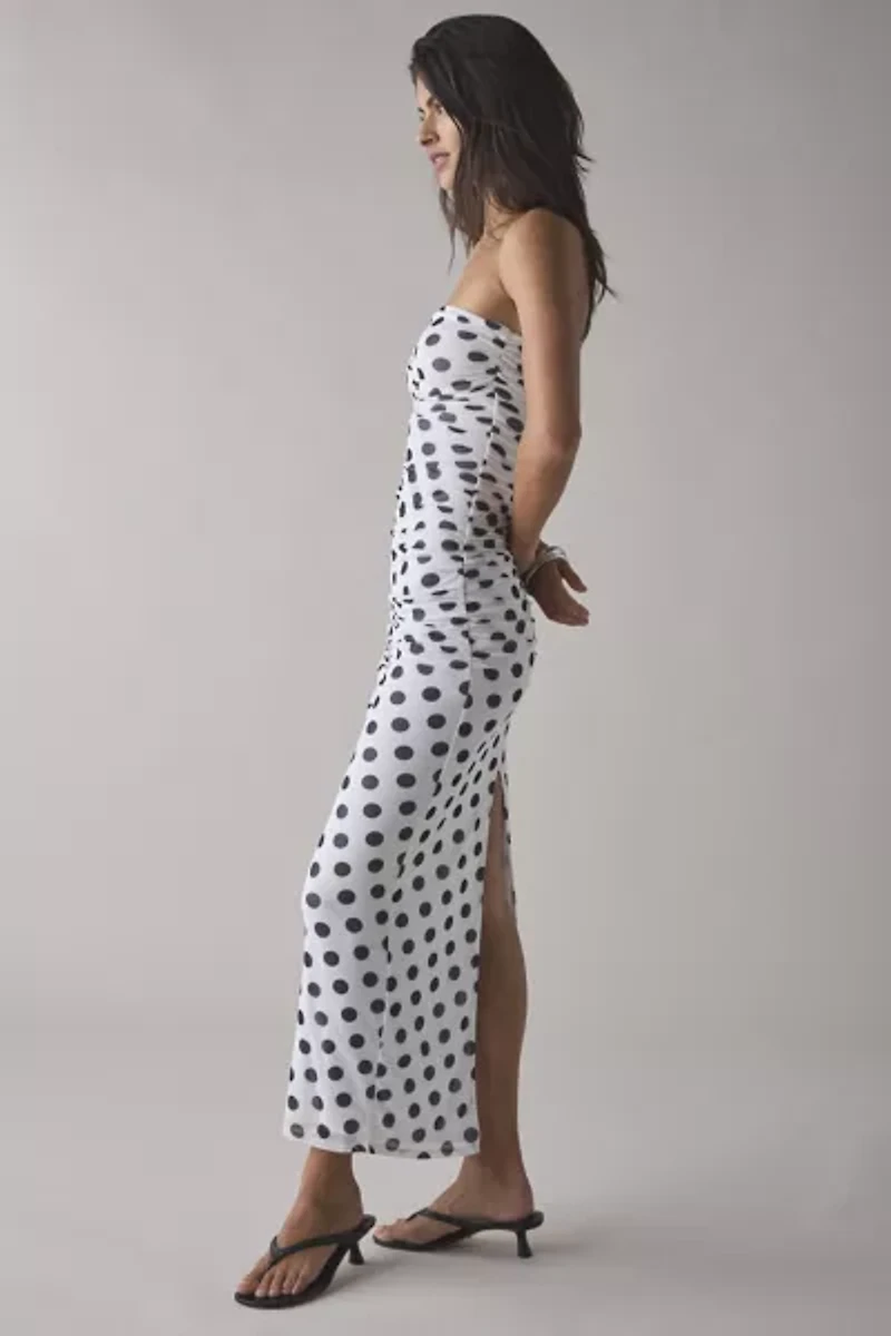 AFRM Marlo Birch Dot Printed Mesh Strapless Mesh Midi Dress