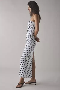AFRM Marlo Birch Dot Printed Mesh Strapless Mesh Midi Dress