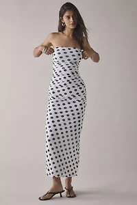 AFRM Marlo Birch Dot Printed Mesh Strapless Mesh Midi Dress