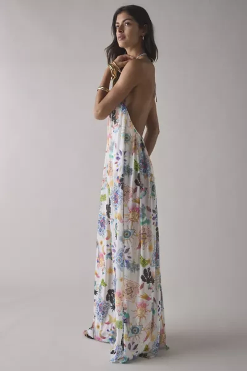 AFRM Mist Open Back Plunge Halter Maxi Dress