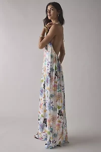 AFRM Mist Open Back Plunge Halter Maxi Dress