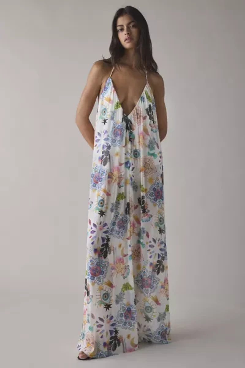 AFRM Mist Open Back Plunge Halter Maxi Dress