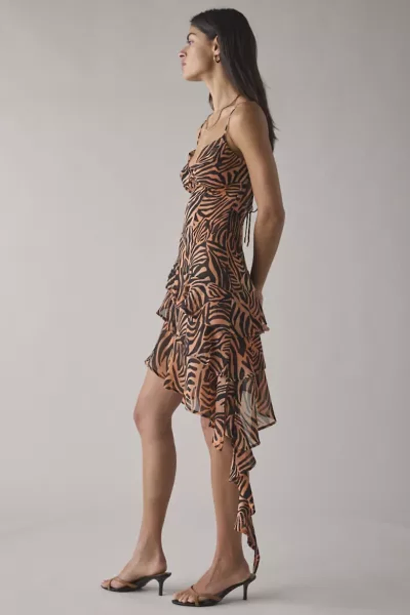 AFRM Ashmont Tiger Print Mesh Cascading Ruffle Mini Dress