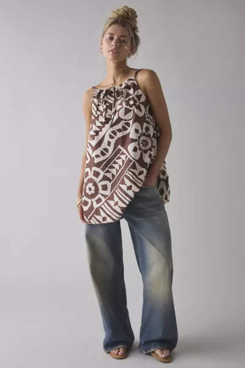 BDG Eva Tie-Front Ruched Strap Trapeze Mini Dress