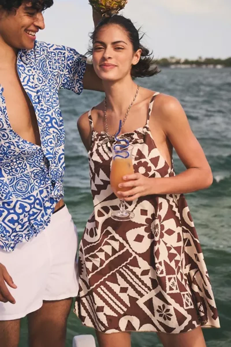 BDG Eva Tie-Front Ruched Strap Trapeze Mini Dress