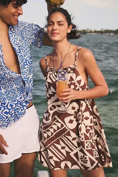 BDG Eva Tie-Front Ruched Strap Trapeze Mini Dress