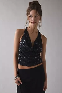 UO Cynthia Sequin Plunging Cowl Neck Halter Top