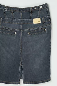 Vintage Y2k Contrast-Stitched Dark Wash Denim Midi Skirt
