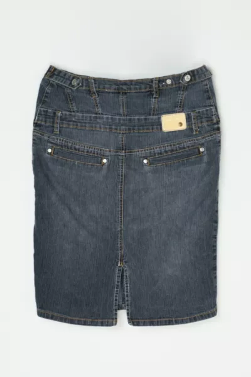 Vintage Y2k Contrast-Stitched Dark Wash Denim Midi Skirt
