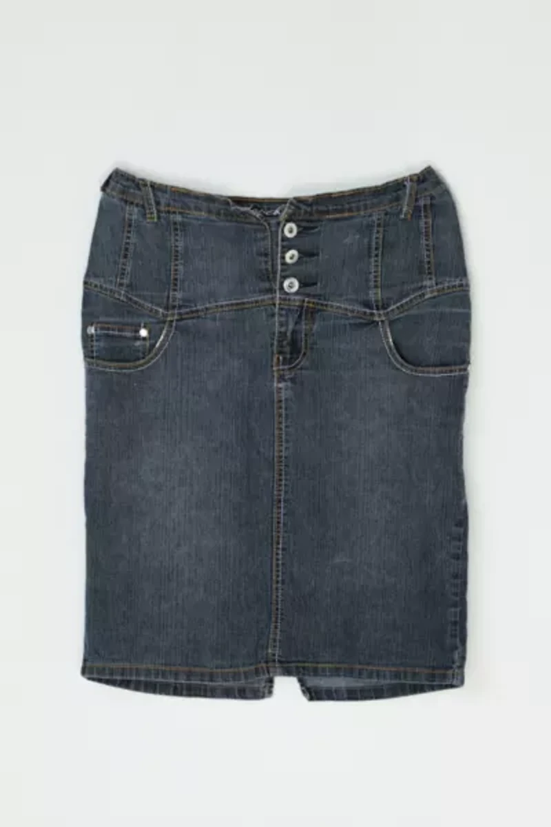 Vintage Y2k Contrast-Stitched Dark Wash Denim Midi Skirt