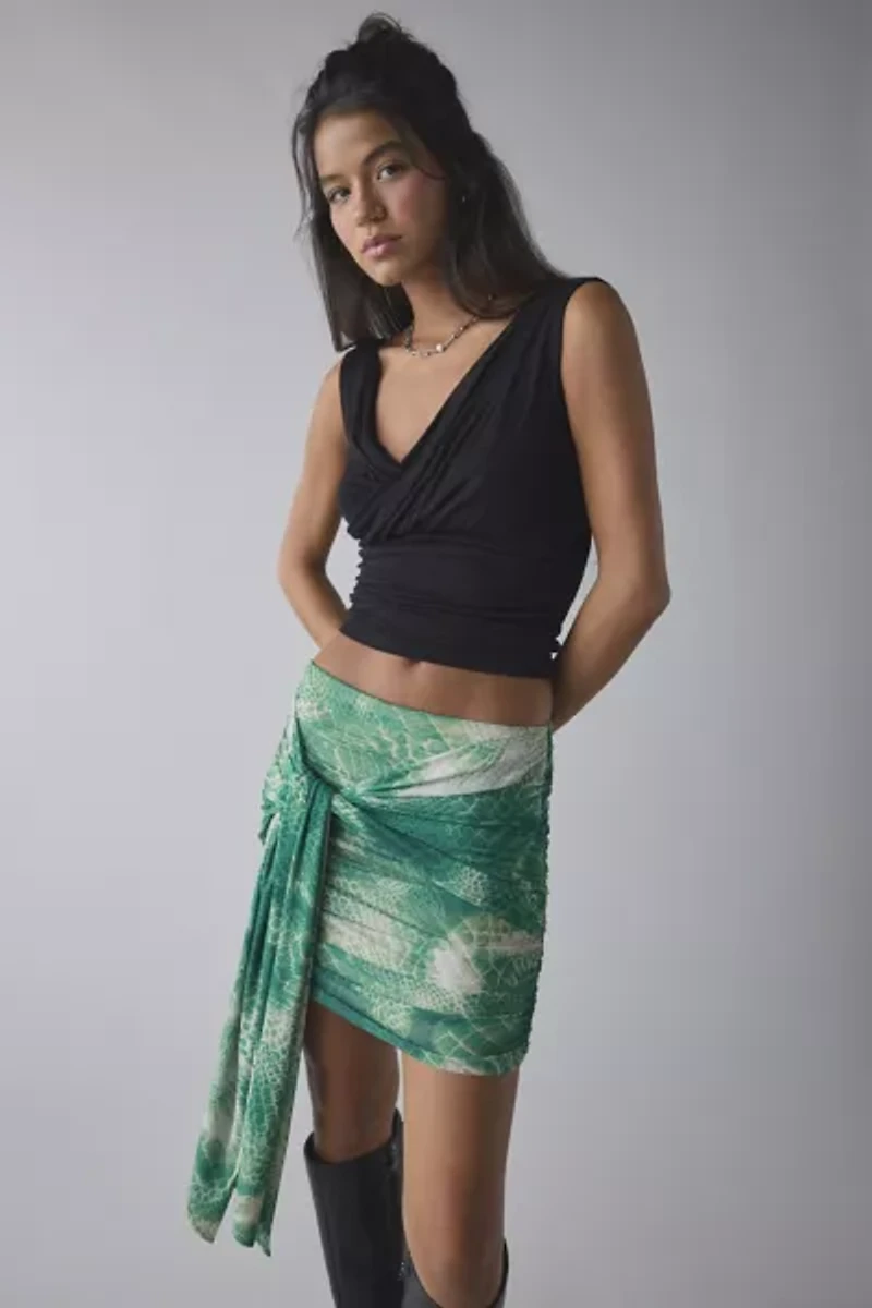AFRM Bellona Snake Print Mesh Tie-Front Mini Skirt