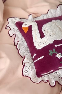 Swan Embroidered Ruffle Velvet Throw Pillow