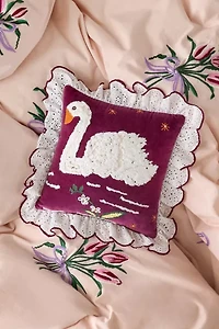 Swan Embroidered Ruffle Velvet Throw Pillow