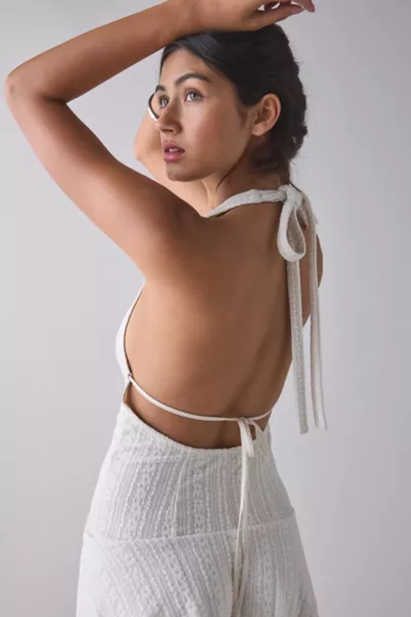 UO Lauren Plunging Halter Tie-Back Lace Mini Dress