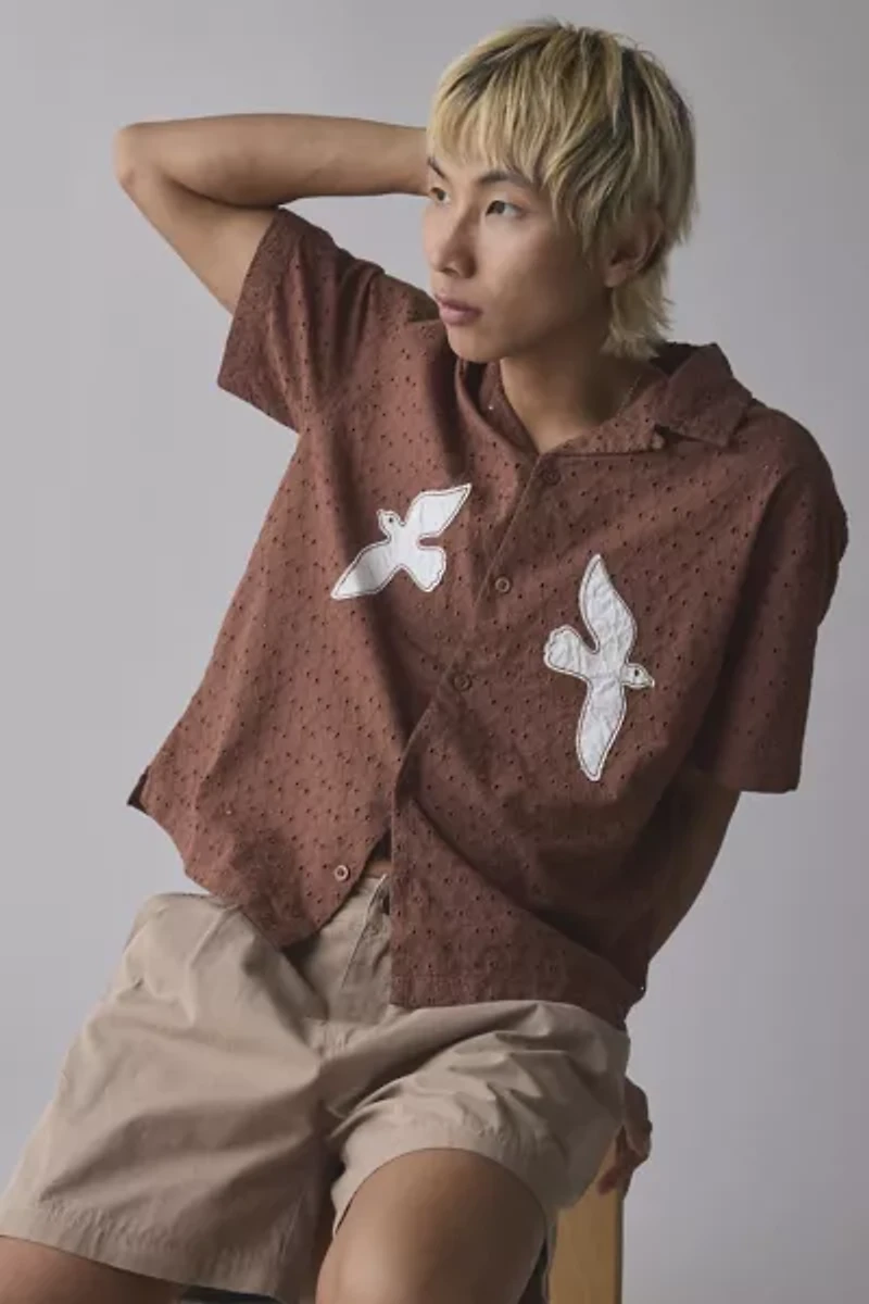 UO Liam Eyelet Applique Short Sleeve Shirt