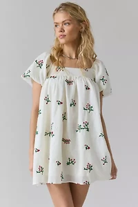 Daisy Street Embroidered Floral Puff Sleeve Babydoll Mini Dress