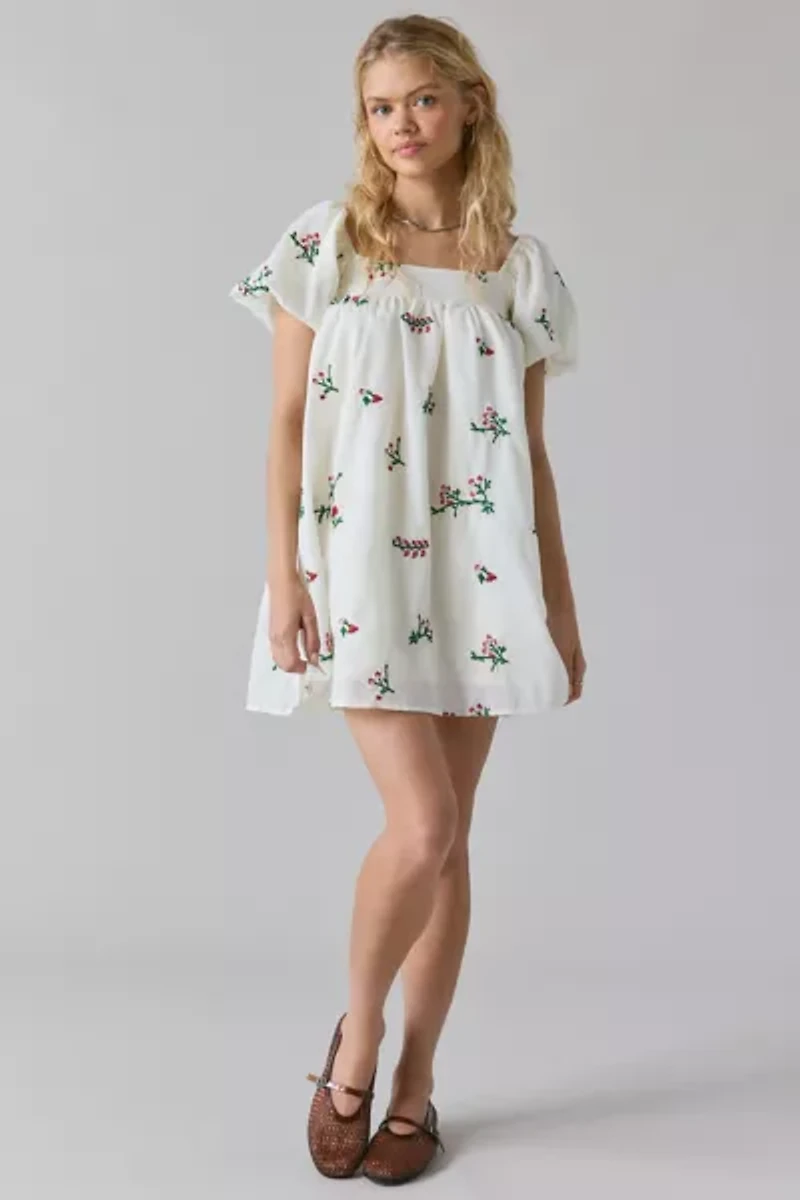 Daisy Street Embroidered Floral Puff Sleeve Babydoll Mini Dress