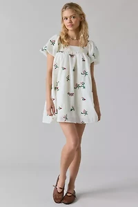 Daisy Street Embroidered Floral Puff Sleeve Babydoll Mini Dress