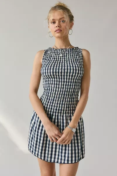 Daisy Street Gingham Seersucker Boatneck Smocked Mini Dress